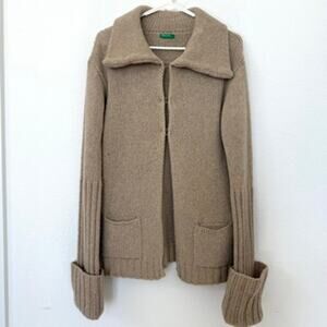 United Colors of Benetton Italian Wool Cardigan Coatigan Tan M Vintage Lagenlook